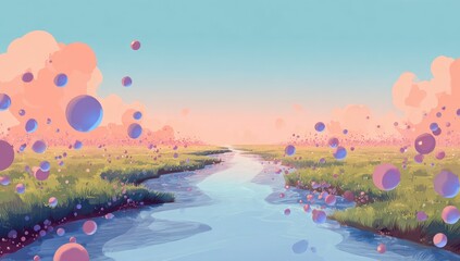 Surreal sunset river, floating spheres, dreamy landscape, digital art, peaceful background
