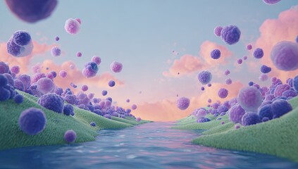 Surreal purple spheres float over pastel landscape; sunset, river, hills; dreamy background; digital art