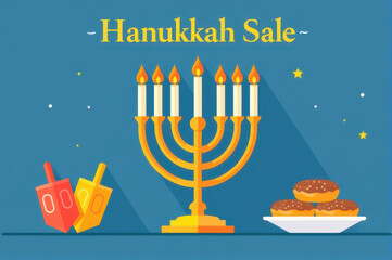 Colorful vector illustration of a large menorah and dreidels with a plate of doughnuts, festive Hanukkah sale concept, minimalistic flat design