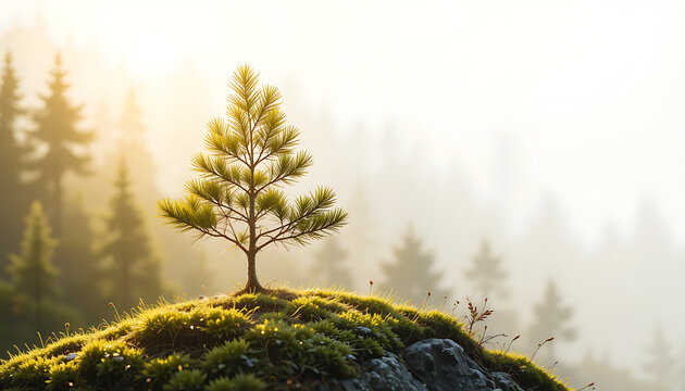 Lone Pine Tree on Misty Mountaintop at Sunrise.