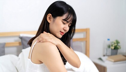Woman experiencing shoulder pain while seated in bed.