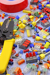 Materials for assembling the electrical control panel. Close-up. Soft focus. 