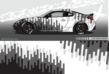 Illustration vector grahic of Car wrap decal with modern abstract design. Black white colour. Livery car editable. Mockup template sticker vinyl for racing, rally, or daily use.	