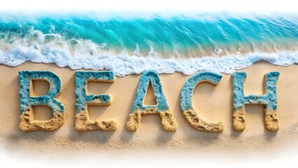 The inscription ""BEACH"" from letters in the form of sea surf on a white background. Ocean, summer, beach