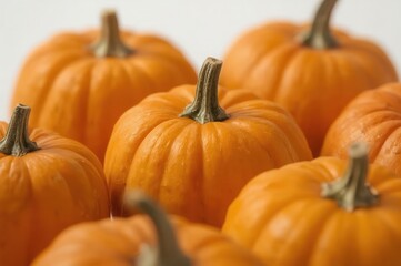 A cheerful gathering of small, bright orange pumpkins, perfect for autumn decorations or seasonal displays.
