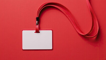 Blank red lanyard ID card on red background; conference event