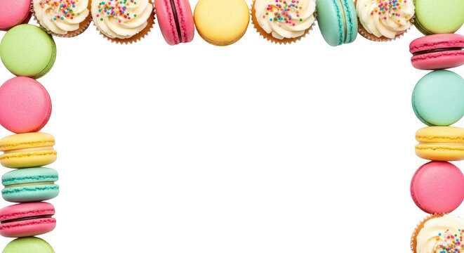 A delightful frame of colorful macarons and decorated cupcakes perfect for celebrations and sweet treats