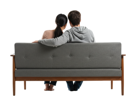 Couple embracing on a modern couch indoor setting lifestyle cozy atmosphere rear connection concept. Cut out png