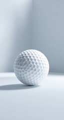 White golf ball rests on minimalist surface, studio shot; background, website design
