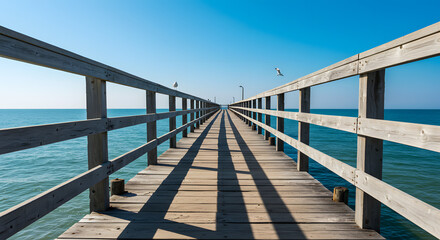 Naklejka premium A wooden pier stretches out over the calm blue ocean under a clear sky, casting long shadows.