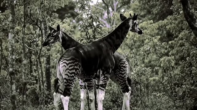 Two okapis in a forest