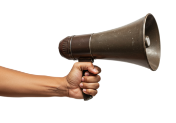 Public announcement action with a megaphone urban setting indoor lighting engagement concept. Cut out png