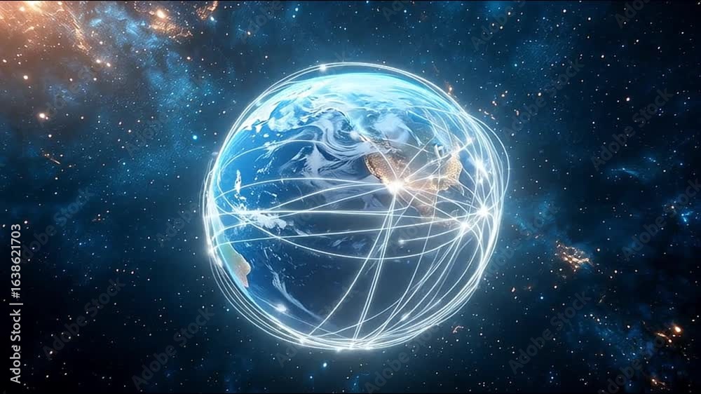 Wall mural planet earth surrounded by a technological network structure