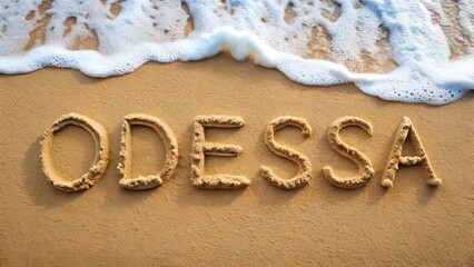 
The inscription "ODESSA" from letters in the form of sea surf on a white background. Ocean, summer, beach