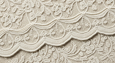 Close up of intricate white floral lace fabric with scalloped edge detail design