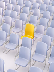 Hiring concept design. One empty yellow chair among many. One spot left. 3D Rendering, 3D Illustration