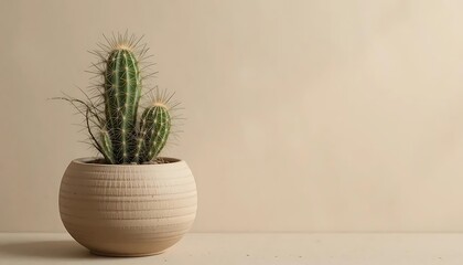 Fototapeta premium Minimalist Cactus Plant in Textured Pot with Copy Space.