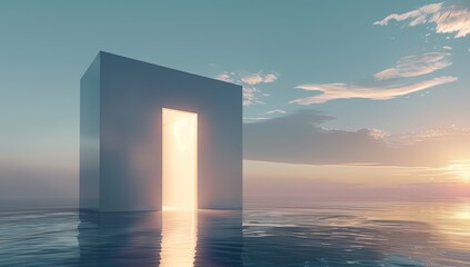 Glowing portal in ocean at sunset; hope, opportunity