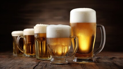 A variety of beer styles are presented in different glasses, highlighting golden colors and creamy foam. This setting is perfect for national beer lover’s day, celebrating the love for suds and malt