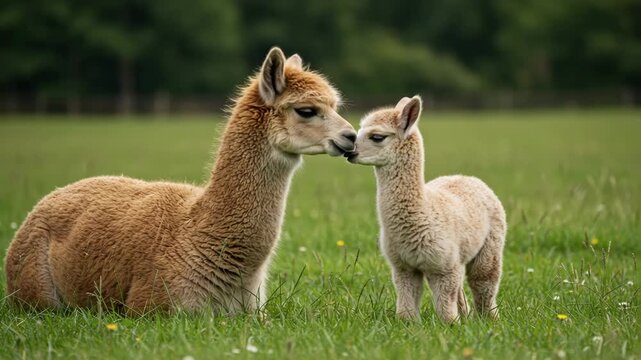 Mother alpaca with her baby in a peaceful meadow, tender moment