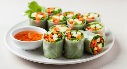 Plate of fresh spring rolls with dipping sauce on a clean white background