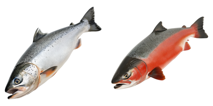 Two fish, one is red and the other is silver