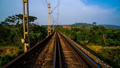 Obraz premium Railroad tracks extending through a lush landscape.
