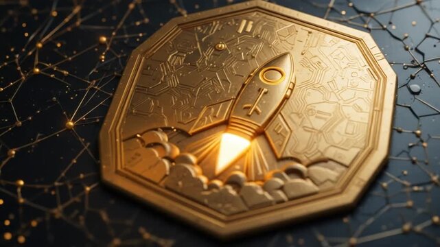 Spaceship icon innovation concept engraved on a golden metal hexagonal base background. Rocket startup logo glowing on an abstract digital surface. 3D rendering. 4k video.