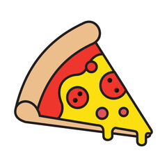 Vector illustration of a colorful single salami pizza slice with melting cheese and crispy crust, ideal for food themed designs