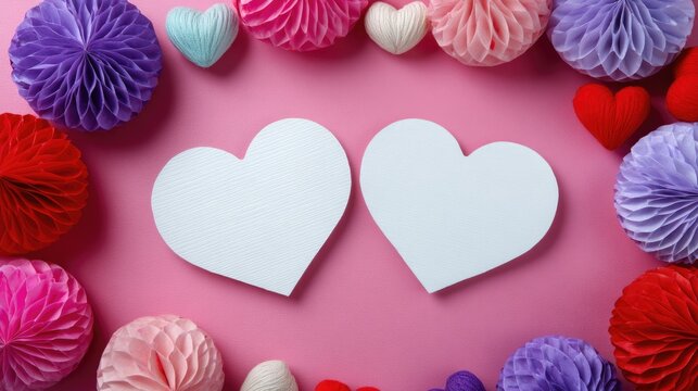 Two white paper hearts rest on a vibrant pink background. Colorful festive paper decorations and small knitted hearts frame the central loving symbols. Perfect for romantic celebrations