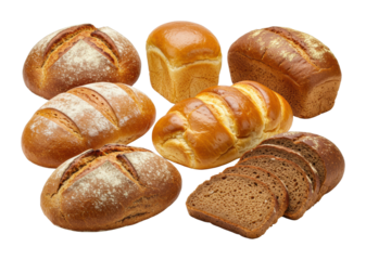 Freshly baked bread varieties displayed on a rustic table food warm atmosphere top. Cut out png