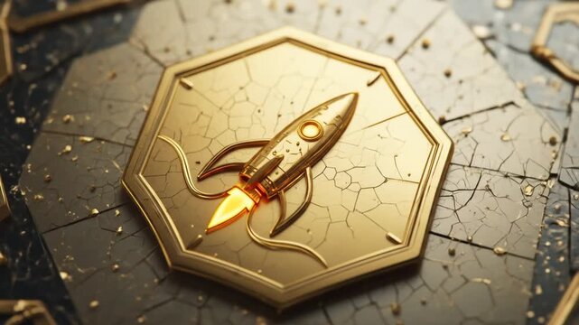 Spaceship icon innovation concept engraved on a golden metal hexagonal base background. Rocket startup logo glowing on an abstract digital surface. 3D rendering. 4k video.