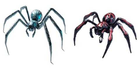 Two spiders, one blue and one red, are shown side by side