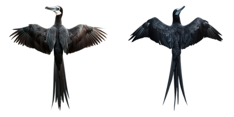 Two birds with long tails are shown in profile