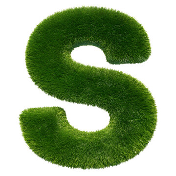 Grass font 3d rendering letter S isolated on a transparent or white background