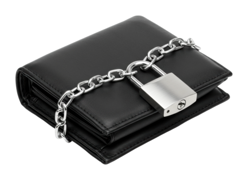 Protecting your assets secured wallet with lock home office product showcase indoor security concept. Cut out png