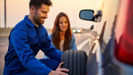 Friendly roadside assistance mechanic in blue overalls helps a woman change a flat tire on the highway during a golden hour sunset