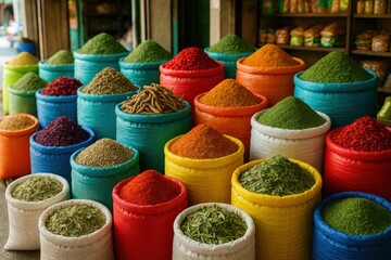 Fototapeta premium Assorted spices and herbs piled high in colorful fabric sacks at a lively street market, showcasing diverse textures and colors.