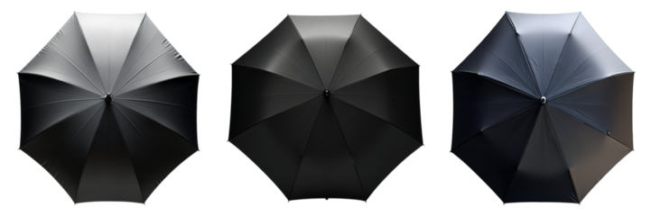 Three black umbrellas are shown in a row