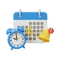 Alarm clock, calendar and notification bell isolated on transparent background