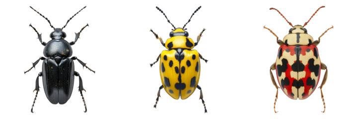 Three different colored bugs are shown on a white background