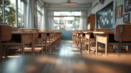 Empty Classroom with Wooden Desks and Sunlight Streaming Through Windows