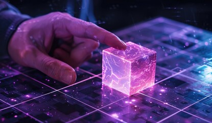 Futuristic Data Cube Interaction  Man explores glowing 3D data cube on digital interface