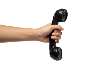 Making a call hand holding a vintage telephone receiver communication concept. Cut out png