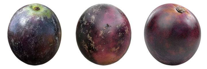 Three purple fruits are shown in a row