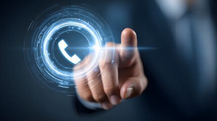 Contact Us: Businessman's hand touching futuristic technological interface, customer support, inquiries, communication, online assistance, business service, and technology concept.