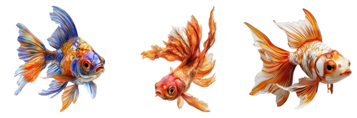 Three gold and blue fish are swimming in a row