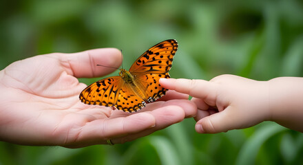 A butterfly landing on a hand, with a child's finger touching it