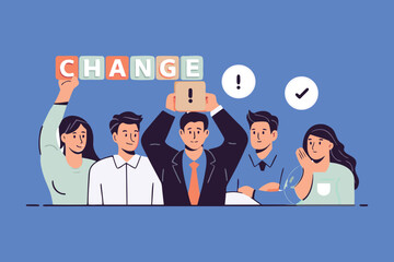 Team embracing change with abstract blocks and symbols