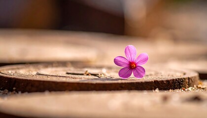Fototapeta premium Small pink flower on a weathered wooden surface.